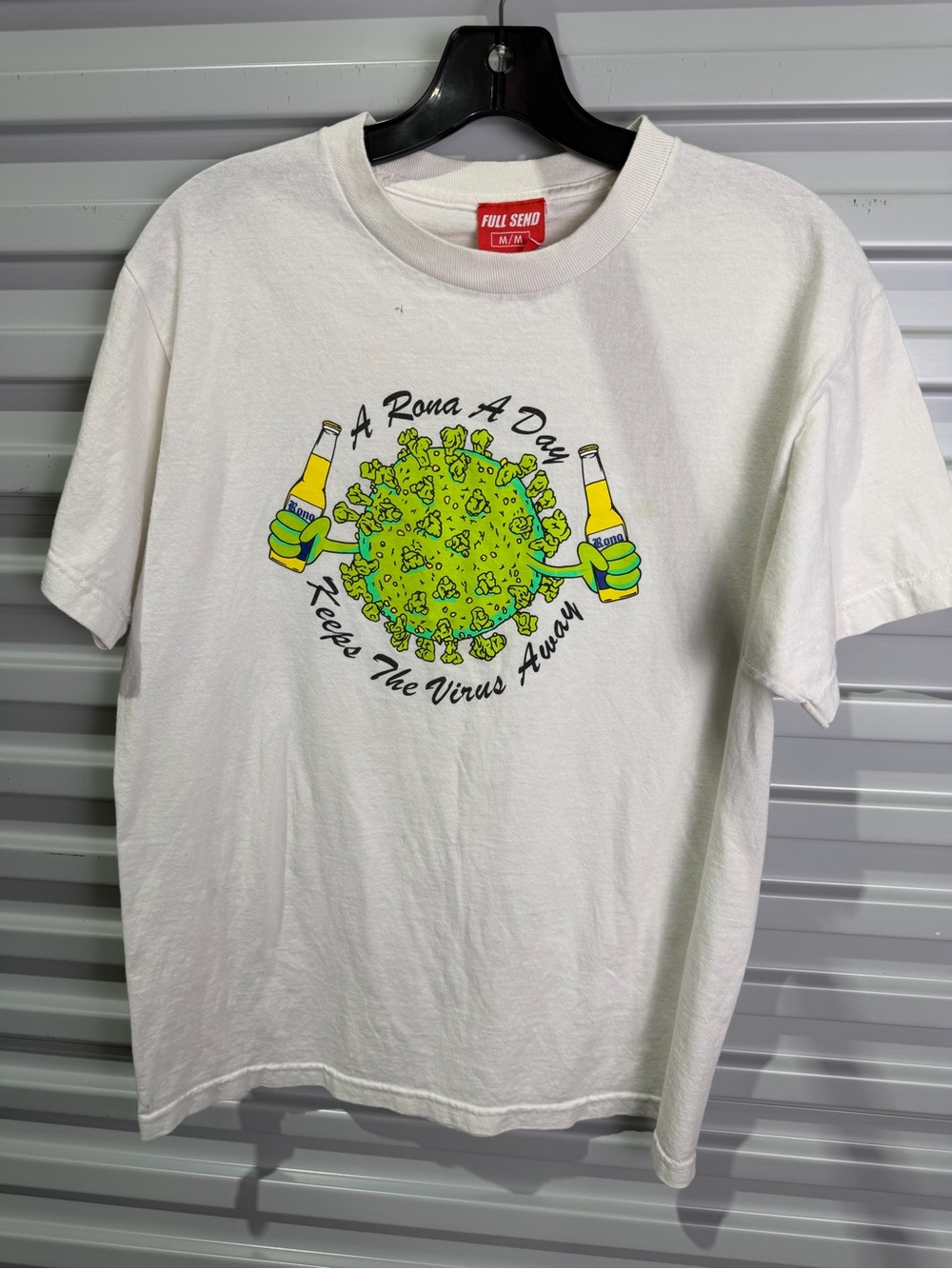 Full Send White Short Sleeve Tee with 'A Rona A Day' Graphic M